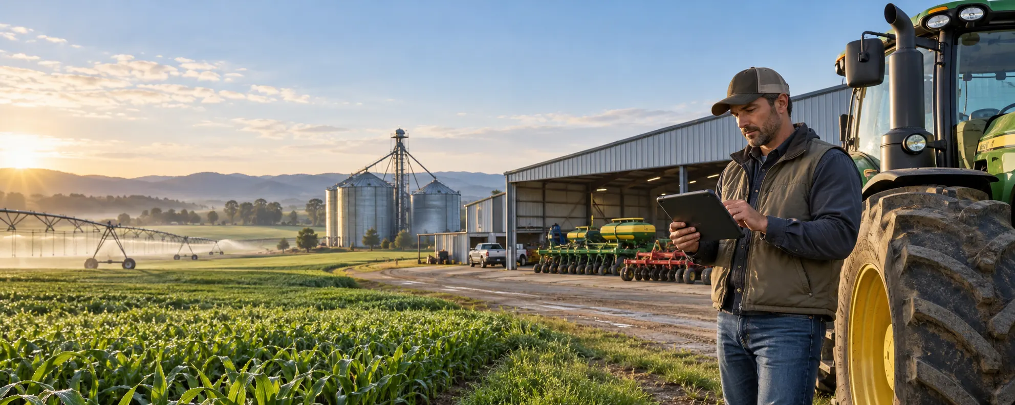 Farm operations at sunrise across fields and equipment