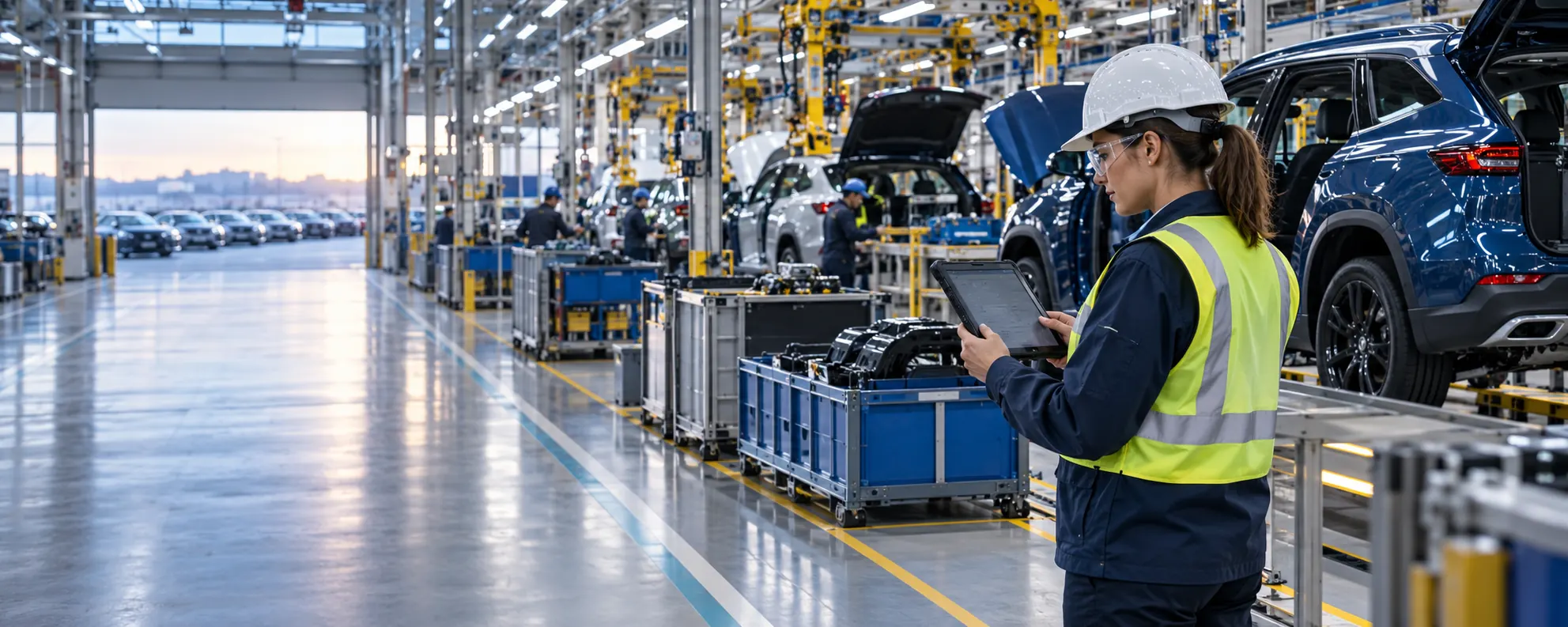 Teams reviewing automotive assets on the production floor