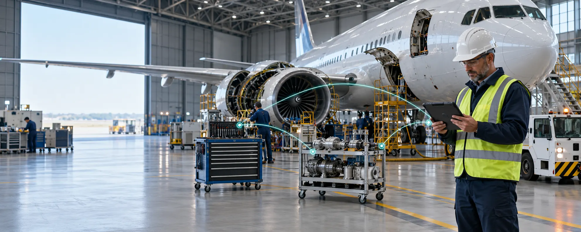 Maintenance team reviewing aircraft assets in a hangar office