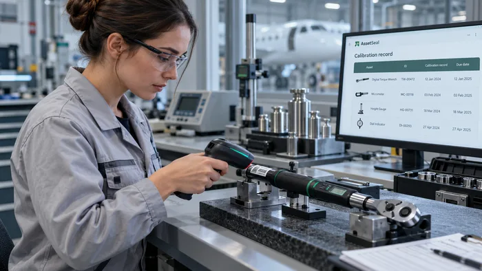 Technician scanning a calibration tag on aircraft equipment