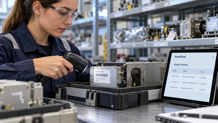 Technician scanning avionics equipment history