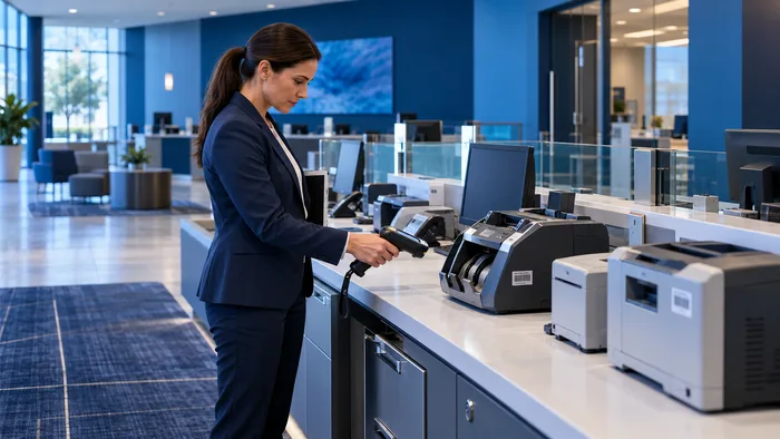 Bank manager scanning branch equipment during an asset audit