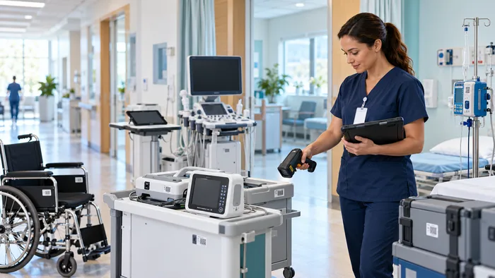 Staff running an RFID inventory sweep in a clinic