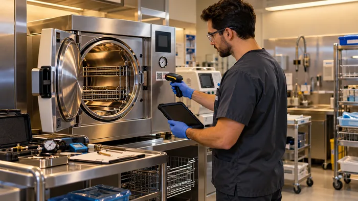 Staff scanning an autoclave during maintenance