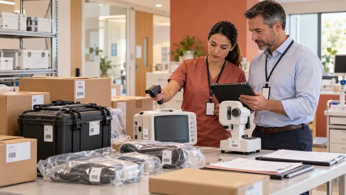 Clinic team verifying newly delivered equipment