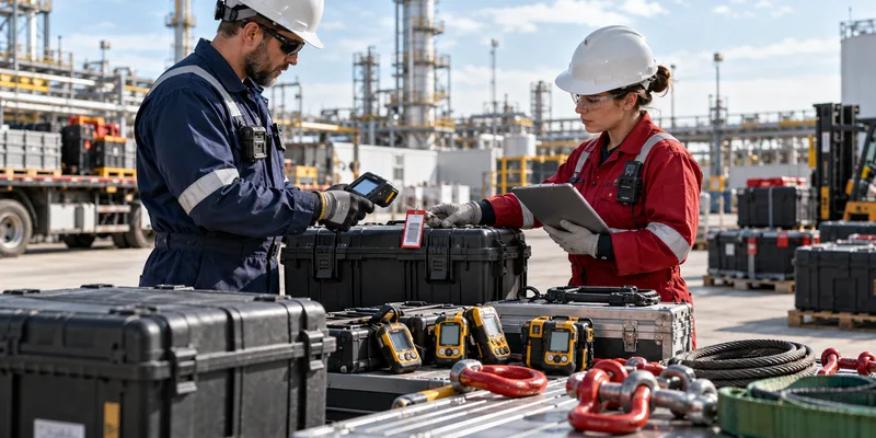 Crew recording a tagged equipment handover at an energy yard