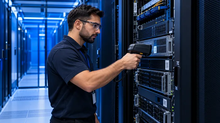 Technician auditing servers in a data-centre rack