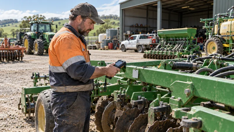 Technician scanning a tagged farm implement