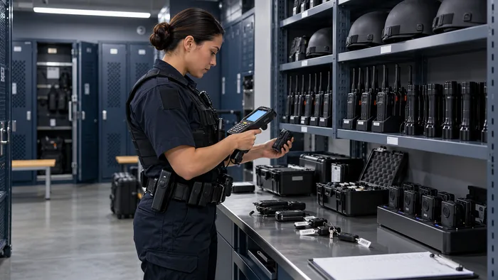 Officer recording the issue of radios and operational equipment