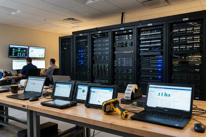 IT workstation with a monitor in front of server racks