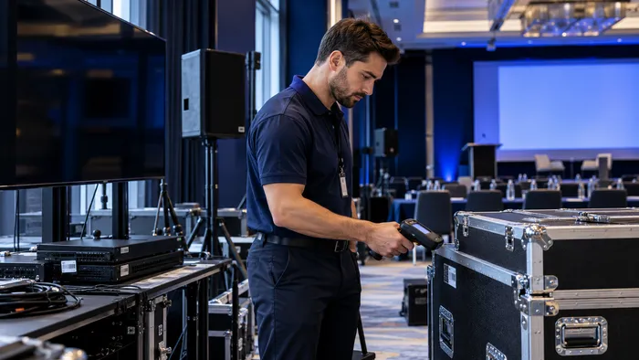 Technician scanning conference and AV equipment