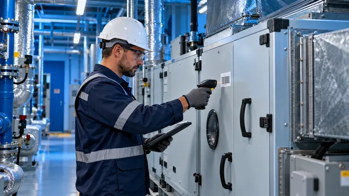 Engineer scanning a hotel HVAC unit