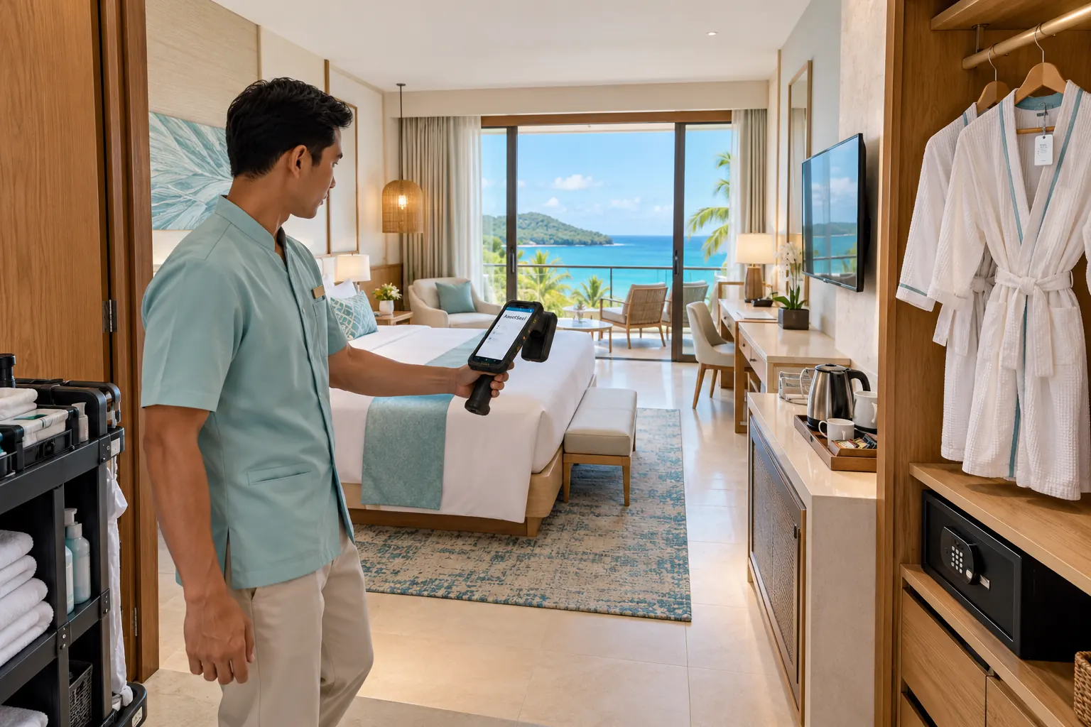 Staff running an RFID check in a tropical villa