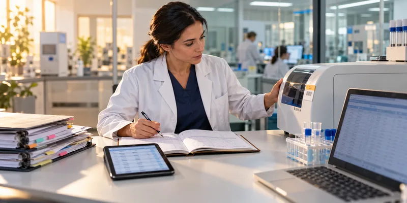 Scientist keeping instrument records on paper and screen