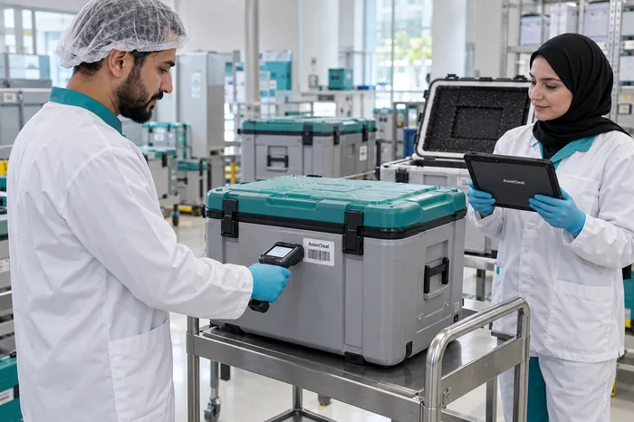Staff verifying a cold-chain shipper