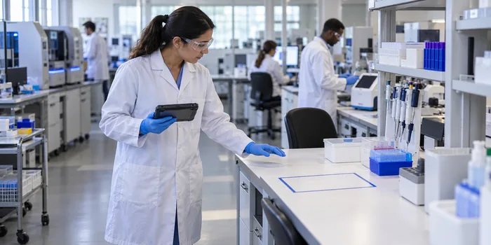 Scientist locating a misplaced laboratory analyser