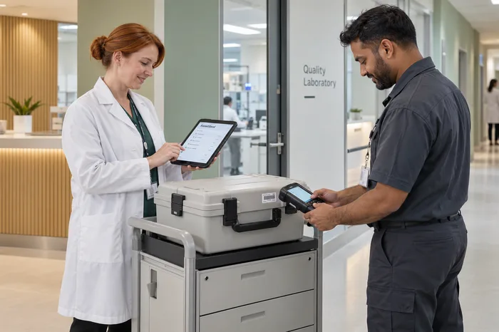 Staff handing over a verified laboratory cart
