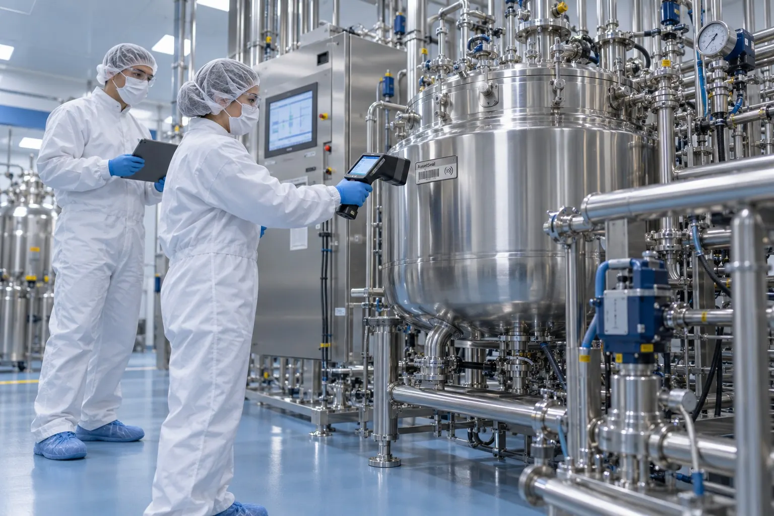 Technicians scanning a tagged process vessel in a cleanroom