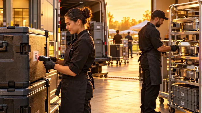 Catering team scanning carriers before dispatch
