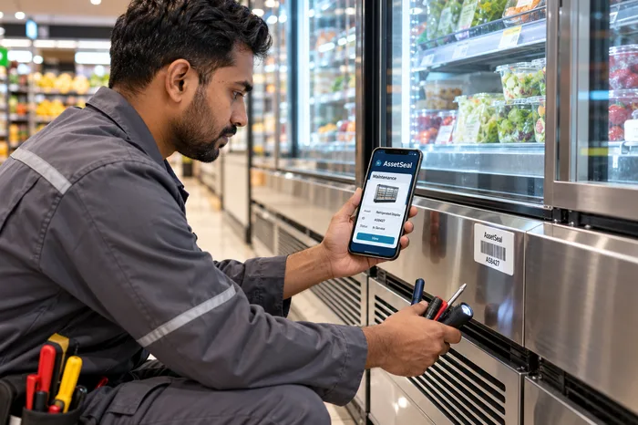 Technician scanning a refrigerated display