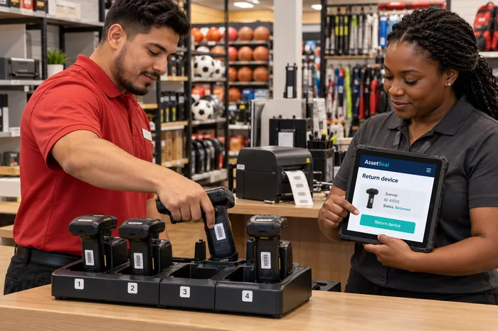 Staff checking handheld scanners back in