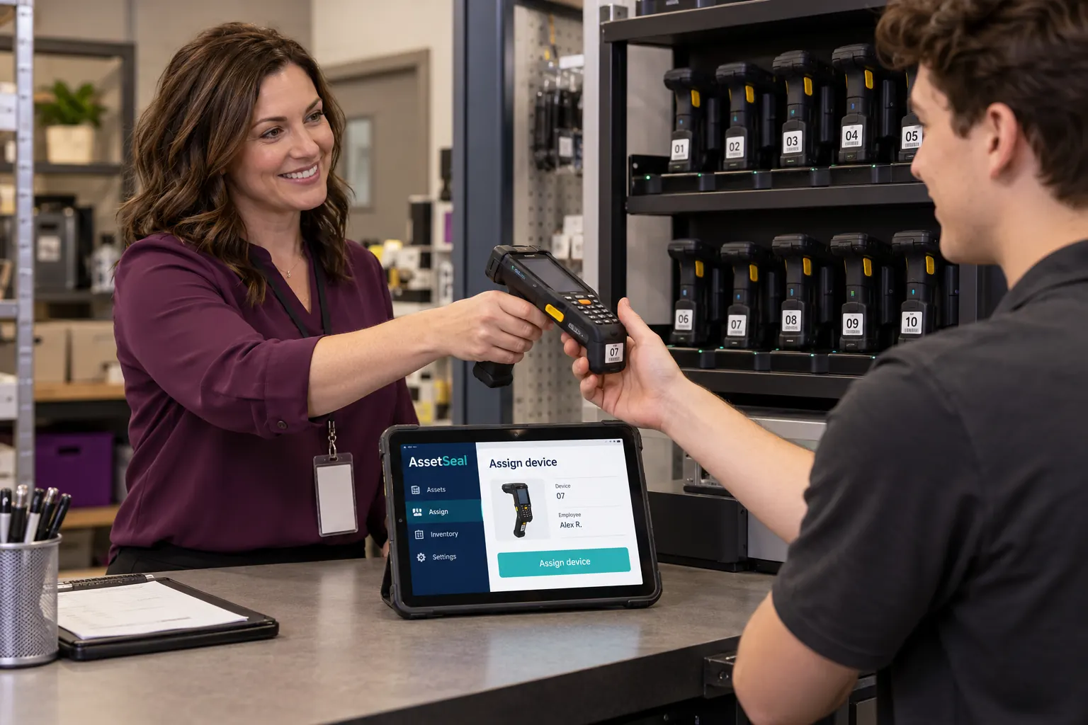 Store staff handing over a labelled handheld scanner