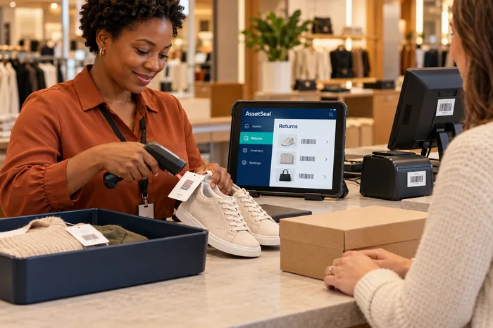 Associate verifying tagged shoes on a return