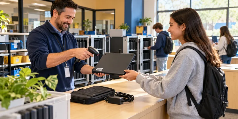 School IT coordinator issuing a tagged laptop