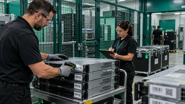 Technician scanning a retired server for secure handover