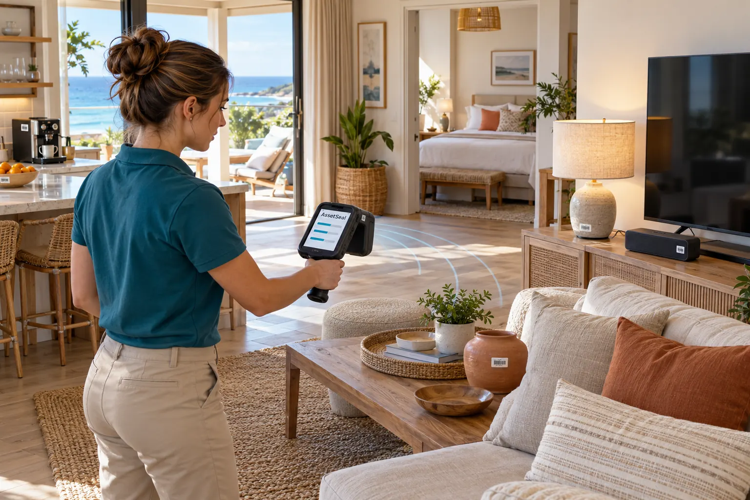 Turnover associate scanning a coastal vacation rental