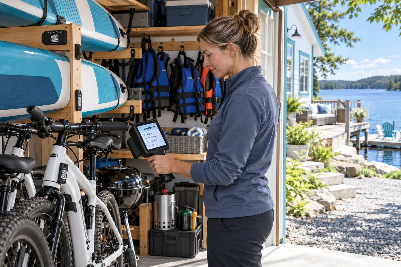Staff scanning guest equipment at a lakeside rental