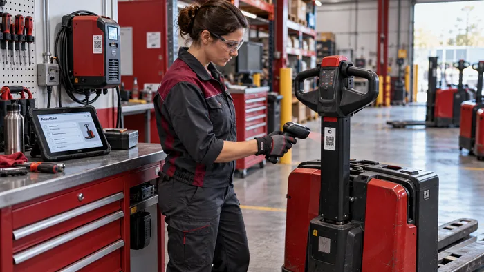 Technician scanning a pallet jack